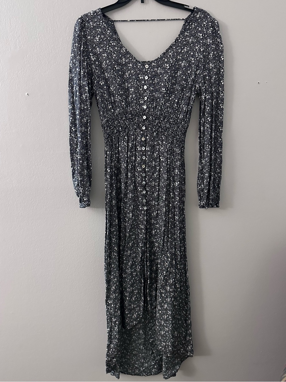 Floral Long Sleeve Hi-Low Midi Dress - Black Floral with elastic waist band